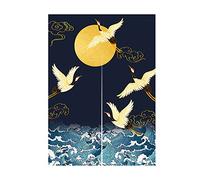 LIGICKY Noren Doorway Curtain Japanese Style Thickened Cranes Waves Gold Full Moon Printed Cotton Linen Window Treatment Door Tapestry for Home Decoration 85 x 120 cm, Navy Blue(Double Sided Priting)