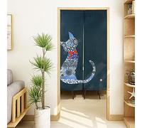 LIGICKY Noren Japanese Style Doorway Curtain Cat with Traditional Chinese Floral Printed Door Tapestry Boho Décor Room Divider Curtains, 33.5 Width x 59 Long Inch, Navy Blue