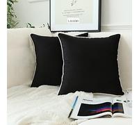 LIGICKY Set of 2 Black Velvet Throw Pillow Covers Modern Minimalist Style Solid Decorative White Rope Edging Soft Square Cushion Cases for Sofa Bedroom Party Décor, 12 x 12 inch