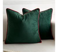 LIGICKY Set of 2 Dark Green Velvet Throw Pillow Covers Modern Minimalist Style Solid Decorative Red Rope Edging Soft Square Cushion Cases for Sofa Bedroom Party Christmas Décor, 18 x 18 inch