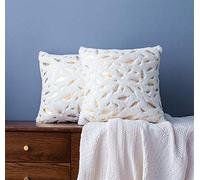 LIGICKY Set of 2 Decorative White Faux Fur Gold Feathers Gilding Leaves Throw Pillow Covers Sparkling Throw Pillow Covers Fluffy Plush Soft Square Cushion Cases for Sofa Bedroom Party Décor, 17" x 17"