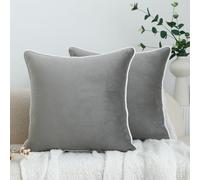 LIGICKY Set of 2 Grey Velvet Throw Pillow Covers Modern Minimalist Style Solid Decorative White Rope Edging Soft Square Cushion Cases for Sofa Bedroom Party Décor, 26 x 26 inch