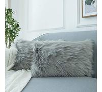 LIGICKY Set of 2 Luxury Series Soft Faux Fur Cushion Cover Decorative Square Plush Pillow Case Throw Pillow Cover for Couch Sofa Bed (Grey, 12 x 20 Inch)