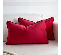 LIGICKY Set of 2 Red Velvet Lumbar Pillow Covers Modern Minimalist Style Solid Decorative Dark Green Rope Edging Soft Rectangle Cushion Cases for Sofa Bedroom Party Christmas Décor, 12 x 20 inch
