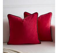 LIGICKY Set of 2 Red Velvet Throw Pillow Covers Modern Minimalist Style Solid Decorative Dark Green Rope Edging Soft Square Cushion Cases for Sofa Bedroom Party Christmas Décor, 20 x 20 inch