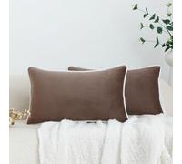 LIGICKY Set of 2 Tan Velvet Lumbar Pillow Covers Modern Minimalist Style Solid Decorative Black Rope Edging Soft Rectangle Cushion Cases for Sofa Bedroom Party Décor, 12 x 20 inch