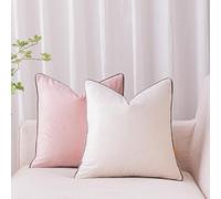 LIGICKY Set of 2 Velvet Throw Pillow Covers Modern Minimalist Style Solid Decorative Black Rope Edging Soft Square Cushion Cases for Sofa Bedroom Party Décor, 18 x 18 inch Pink and Cream White