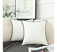 LIGICKY Set of 2 White Velvet Throw Pillow Covers Modern Minimalist Style Solid Decorative Black Rope Edging Soft Square Cushion Cases for Sofa Bedroom Party Décor, 12 x 12 inch