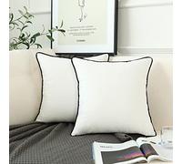 LIGICKY Set of 2 White Velvet Throw Pillow Covers Modern Minimalist Style Solid Decorative Black Rope Edging Soft Square Cushion Cases for Sofa Bedroom Party Décor, 16 x 16 inch