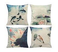 LIGICKY Set of 4 Farmhouse Decorative Throw Pillow Covers Chinoiserie Ink Style Linen Pillows for Couch Cushion Bed Outdoor 45 x 45 cm