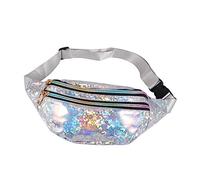 LIGIGWASH 1Pc Stylish PU Sequin Waist Pack Crossbody Bag for Women Fashionable Zipper Design for Daily Use and Outdoor Activities Silver Color