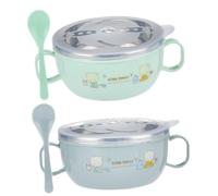 LIGIGWASH 2 Pcs Double Insulated Bowl Cartoon Stainless Steel Serving Bowls with Handles Heat Preservation and Scald Safe for Rice and Desserts Green and Blue