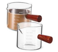 LIGIGWASH 2 Pcs Glass Espresso Measuring Cups with Wooden Handle Dual Spout Design Graduated Pitchers for Coffee Creamer Milk Spill Pouring Safe Rounded Edges Versatile Accessories