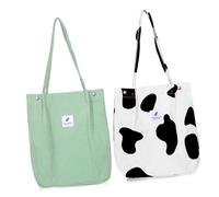 LIGIGWASH 2 Pcs Large Capacity Corduroy Tote Bags for Women Single Shoulder Handbags in Cow Print and Bean Green Fashionable Casual Satchels with Stitching for Daily Use