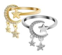LIGIGWASH 2pcs Adjustable Women Fashion Rings Open Finger Rings Moon Star Design Tiny Zircon