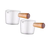 LIGIGWASH 2Pcs Glass Espresso Shot Cups with Wooden Handle Small Coffee Pitcher for Milk Juice and Espresso Heat Resistant Mini Measuring Cups for Home and Office Use