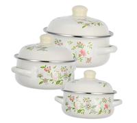 LIGIGWASH 3pcs Enamelware Cooking Small Stock Pot with Lid Purple Floral Pattern Dual Handles High Heat Resistant Enameled Cookware for Stovetop to Table Use