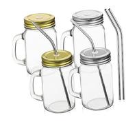 LIGIGWASH 4 Pcs Glass Mason Jar Mugs with Lid Handle and Stainless Steel Straw Square Clear Drinking Cups for Juice Milk Cold and Hot Beverages Ergonomic Grip for Home and Party Use
