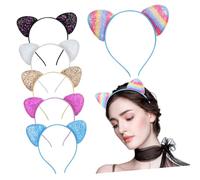 LIGIGWASH 6 Pcs Shiny Cat Ears Headbands Lightweight Fabric Hairbands for Halloween Costume Parties and Themed Events Including White Violet Black Gold Sky Blue and Blue