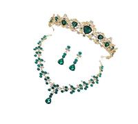 LIGIGWASH Green Crown Necklace and Earring Set for Women Wedding Dress Accessories Bridal Jewelry Three Rhinestone Costume Jewelry for Brides and Special Occasions