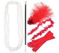 LIGIGWASH Halloween Cosplay Accessories Set for Women 1920s Flapper Style Red Five-pieces Set Including Gloves, Pearl Necklace, and Headband, Easy to Wear and Disassemble for Masquerade