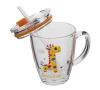 LIGIGWASH Tempered Glass Tumbler with Handle and Clear Measurement Marks Giraffe Cartoon Design Milk Cup for Breakfast Microwave Safe Student Drinking Mug with Straw