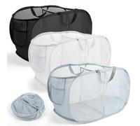 Ligseax 3 Pack Pop-Up Collapsible Laundry Baskets with 2 Compartments | Mesh P-op Up Laundry Hamper, 75L capacity, side pocket & reinforced handles for Laundry, Bathroom, Kids Room or Travel