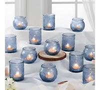 Ligtmor 24 Pcs Blue Vintage Candle Holders - Mixed Glass candlesticks for Party & Wedding Decoration,12 Glass Votive Candles,12 Bowl-Shaped Votive Candles,Tealight glasses holders (24, Blue)