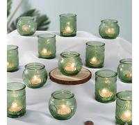 Ligtmor 24 Pcs Green Votive Sunflower Embossed Glass Holder -Assorted Boho Tea Light Holders -for Outdoor,Christmas,Baby Shower,Fall Wedding,Bridal Shower Tea Party Decorations (24, Green)