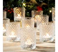 Ligtmor Pack of 24 Transparent Tea Light Cups, Glass Tea Light Holders with Embossed Pattern, Romantic Vintage Candle Holder, Clear Tea Light Glasses (24, Diamond)