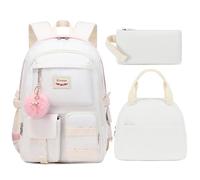 LIGUL School Backpack for Teen Girls Women College Laptop Backpacks Kids Cute Bookbag Set with Lunch Box Pencil Case Elementary Middle High Campus Bag 3 Pcs Students Bookbags Sets (Beige, Large)