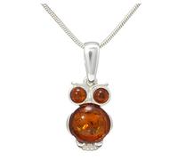 LIGURIUS NATURAL BALTIC AMBER STERLING SILVER 925 NECKLACE Cognac SMALL Owl PENDANT Gemstone For Women & Silver Adjustable CHAIN Snake 45cm - 50 cm, Gift set