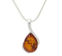 LIGURIUS NATURAL BALTIC AMBER STERLING SILVER 925 NECKLACE Cognac Small PENDANT Gemstone For Women & Silver Adjustable CHAIN Snake 45cm - 50 cm, Gift set