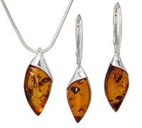 LIGURIUS NATURAL BALTIC AMBER STERLING SILVER 925 NECKLACE & EARRINGS Set Cognac Gemstone For Women & Silver Adjustable CHAIN Snake 45cm - 50 cm, Gift set