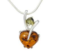 LIGURIUS NATURAL BALTIC AMBER STERLING SILVER 925 NECKLACE PENDANT Gemstone Multicoloured Small Heart For Women & Silver Adjustable CHAIN Snake 45cm - 50 cm, Gift set