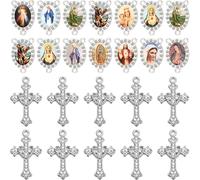 LiHan1028 30Pcs Religious Rosary Making Supplies, 15 Mixed Oval Saint Connectors and 15 Crystal Cross Charms, 0.87 x 0.6 inch Medallions, 1.1 x 0.7 inch Crosses (Silver)