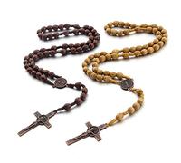 LiHan1028 Wooden Catholic Rosary Beads with Bronze Crucifix Cross, Natural Wood, 8x10mm Beads, 56cm Length, Traditional Prayer Necklace, 22", Glass, Rhinestone
