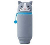 LIHIT LAB Kawaii Japanese Cat Large Stand Up Pencil Case for School Office College,Animal Pen Holder, Gray Cat (A7714-4),Large: 2.9" x 8"
