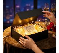 LIHOMR Black Gift Box, 9.5x6x3'' Gift boxes for Presents with Lids Magnetic Closure Rectangle Collapsible for Bridesmaid Proposal, Christmas, Birthday Packaging, Contains Fairy Lights, Card, Ribbon