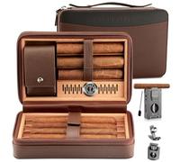 LIHTUN Cigar Humidor, Leather Travel Cedar Humidor with 5-in-1 Multifunctional Cigar Lighter Set, Portable Travel Humidor and Moisture Meter