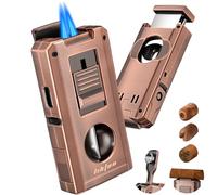 LIHTUN Cigar Torch Lighter Built-in One-Touch Cigar Cutter V-Cut and Straight Cut, Punch, Stand, All-in-1 Windproof Dual Jet Flame Lighter Gifts for Men, Adjustable Refillable Butane Lighters