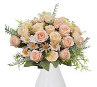 LIIGOU 4PCS Artificial Rose Flowers Bouquets Champagne Small Rose Silk Fake Flower Daisy Realistic Faux Plastic Flower Bouquet Decor for Wedding Table Centerpieces Decoration Home Office Party Decor