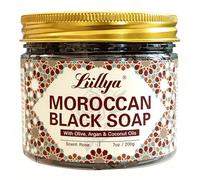 Liillya Moroccan Black Soap, Traditional Black Beldi Soap with Olive, Argan, Coconut & Rose Oils, Exfoliating Body Cleanser for Hammam Spa Ritual, Deep Cleansing Paste for Soft Smooth Skin, 7oz/200g