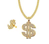 Liitata 2 Pcs Dollar Sign Necklace Rings Set Hip Hop Dollar Necklace Rapper Punk Gold Chain 80s 90s Costume Accessories for Men Woman Mardi Gras Carnival Party