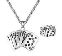 Liitata 2 Pcs Poker Card Pendant Necklace Rings Set Vintage Royal Flush Necklace Open Spade Ace Rings Gothic Rock Punk Chain Necklace for Men - Silver
