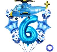 Liitata 6th Helicopter Birthday Party Decoration Aeroplane Birthday Balloon Set Blue Number 6 Foil Balloon Large Helicopter Balloon for Boy Birthday Party Decoration