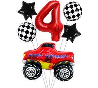 Liitata Giant Race Car Balloon - Red Number 4 Foil Balloon with Checkered Flag & Star for Boy's 4th Birthday