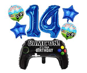 Liitata Video Game 14th Birthday Decorations for Boys Gaming Party Decorations Set for Gamers Blue Number 14 Foil Balloon Large Game Controller Balloon for Boy Birthday Motto Party