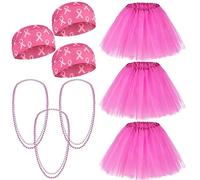 Liitrsh 12 Pcs Breast Cancer Awareness Costume Bulk 3 Pink Ribbon Headband 3 Pink Tutu Skirts 6 Beads Necklaces Pink Ribbon Costume for Women Parade Pink Walk Event Girls Workout Sports Outfit