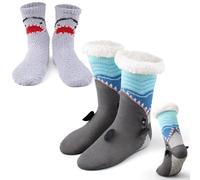 Liitrsh 2 Pairs Winter Fuzzy Socks with Grippers Slipper Socks Sherpa Lining Warm Plush Soft Funny Cozy Print Gifts for Animal Lovers, Shark, One Size